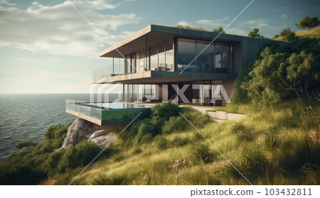 Design house - modern villa with open plan living and private bedroom wing. Large terrace with privacy and, swimming pool. Generative AI. 103432811