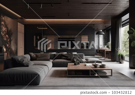 Modern interior design for home, office, interior details, upholstered furniture against the background of a dark classic wall 103432812