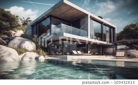 Design house - modern villa with open plan living and private bedroom wing. Large terrace with privacy and, swimming pool. Generative AI. 103432813
