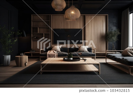 Modern interior design for home, office, interior details, upholstered furniture against the background of a dark classic wall 103432815