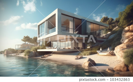 Design house - modern villa with open plan living and private bedroom wing. Large terrace with privacy and, swimming pool. Generative AI. 103432863