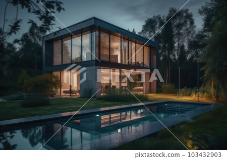 Design house - modern villa with open plan living and private bedroom wing. Large terrace with privacy and, swimming pool. Generative AI. 103432903