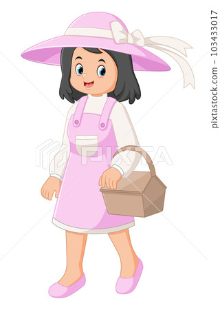 Smiling woman in straw hat holding basket with bread 103433017