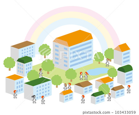 Cityscape with a rainbow, apartment house, calm and colorful 103433059
