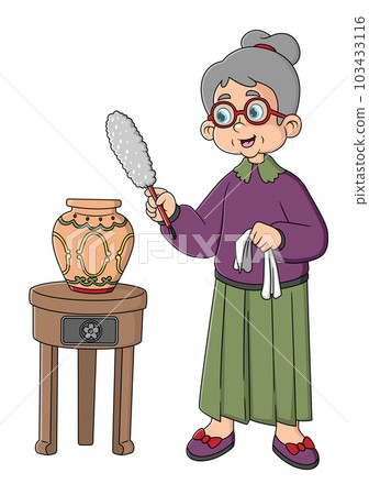 old Woman Housewife Wiping The Dust Of Vase with Brush old Woman Housewife Wiping The Dust Of Vase with Brush 103433116