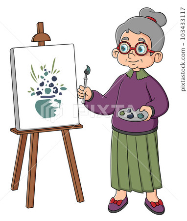 An elderly woman artist draws a picture at the easel. Pensioner painting a landscape Sunset in watercolor and oil. Brushes and palette in the hands of artist An elderly woman artist draws a picture at the easel. Pensioner painting a landscape Sunset in watercolor and oil. Brushes and palette in the hands of artist 103433117