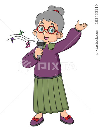 Senior people singing karaoke. Old woman singing song with microphone. Old people lifestyle concept. Senior lady relaxing at karaoke bar Senior people singing karaoke. Old woman singing song with microphone. Old people lifestyle concept. Senior lady relaxing at karaoke bar 103433119