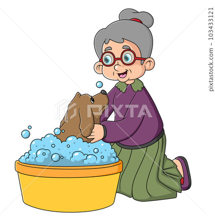 Happy grandmother bathing a dog Happy grandmother bathing a dog 103433121