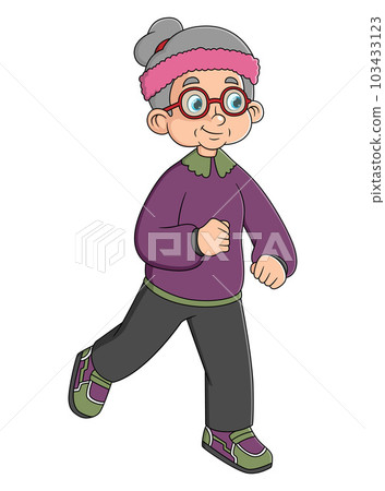 Old woman Running Along Street Side Doing Sport. Pensioners Outdoors Activity and Sport, Fitness, Healthy Lifestyle Old woman Running Along Street Side Doing Sport. Pensioners Outdoors Activity and Sport, Fitness, Healthy Lifestyle 103433123