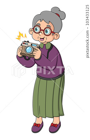 An elder woman photographer taking pictures with camera in traveling. Aged tourist with gray hair An elder woman photographer taking pictures with camera in traveling. Aged tourist with gray hair 103433125