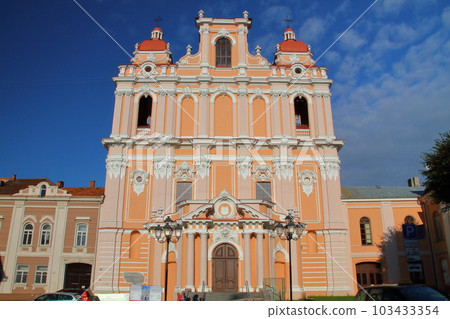 St. Casimir's Church with a pink outer wall in the historic center of Vilnius, a world cultural heritage site in Lithuania, the Northern European Baltic States St. Casimir's Church with a pink outer wall in the historic center of Vilnius, a world cultural heritage site in Lithuania, the Northern European Baltic States 103433354