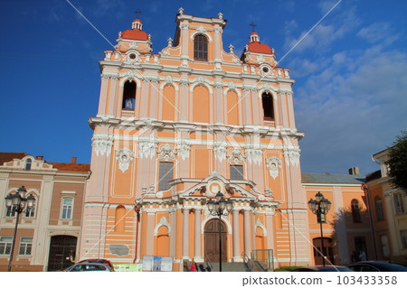 St. Casimir's Church with a pink outer wall in the historic center of Vilnius, a world cultural heritage site in Lithuania, the Northern European Baltic States St. Casimir's Church with a pink outer wall in the historic center of Vilnius, a world cultural heritage site in Lithuania, the Northern European Baltic States 103433358