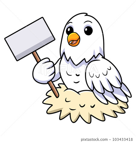Cute white love bird cartoon holding blank sign Cute white love bird cartoon holding blank sign 103433418