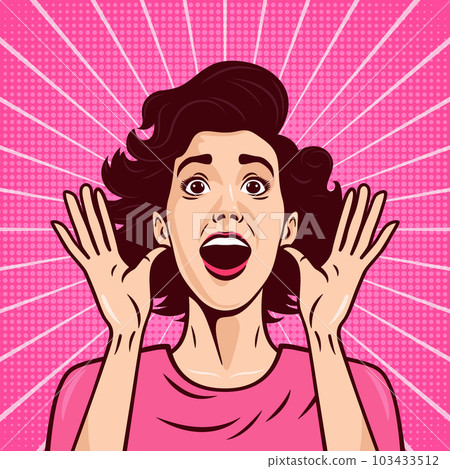 Vector Banner with Woman, Wow Face, Holding Hands, Arms, Palms Near Her Cheeks in Pop Art Comic Style. Pink Color. Advertising Poster for Sale, Discount Placard, Flyer Card. Beautiful Surprised Woman 103433512