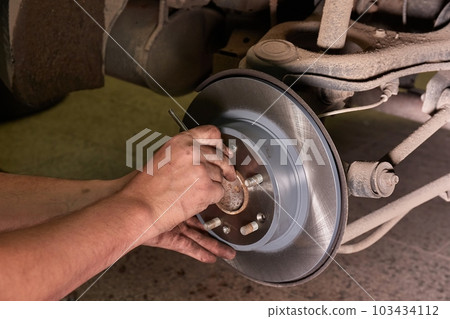 Changing brake rotor disc on a car Changing brake rotor disc on a car 103434112