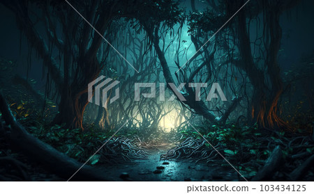 Spooky dark forest, scary dry crooked trees in... - Stock Illustration ...