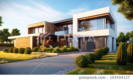 Modern villa exterior, luxury residential house with garden in summer, generative AI. 103434137