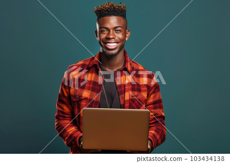 Young black man uses laptop, smiling handsome guy works on computer, generative AI. 103434138