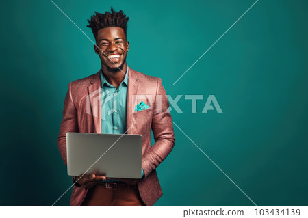 Young black man in suit uses laptop, smiling guy works on computer, generative AI 103434139