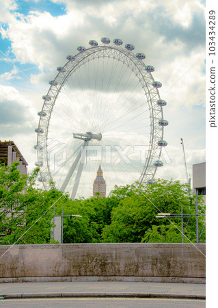 Blue sky and view of the London Eye 103434289