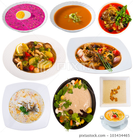 Collage of different soups isolated 103434465
