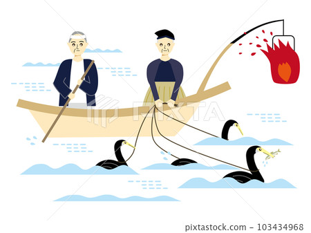 Cormorant fishing, cormorant fisher and boatman, with faces 103434968
