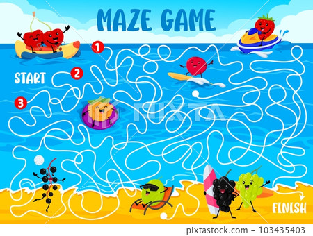 Kids labyrinth maze. Cartoon berry characters on summer beach vacation. Maze vector worksheet with cherry, strawberry, cowberry and raspberry, gooseberry, elderberry surfing and swimming personages 103435403