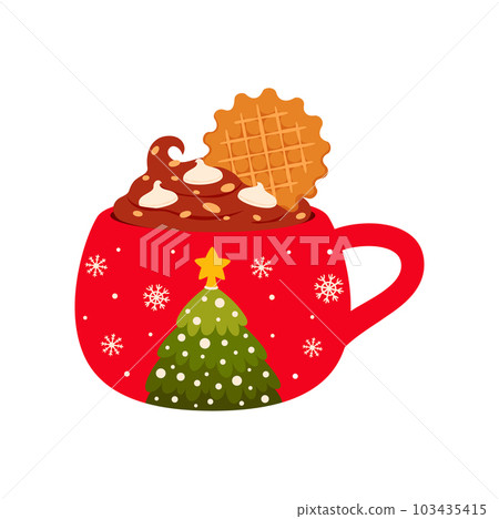 Cartoon Christmas cup with chocolate and cookies, mug with New Year fir spruce tree print. Vector cup with ice cream and ginger cookies Cartoon Christmas cup with chocolate and cookies, mug with New Year fir spruce tree print. Vector cup with ice cream and ginger cookies 103435415