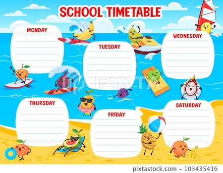 Kids timetable schedule, cartoon funny fruits on summer beach vacation. School time table vector template with banana, peach, pear, lemon and figs. Mango, pineapple, apple, dragon fruit and orange Kids timetable schedule, cartoon funny fruits on summer beach vacation. School time table vector template with banana, peach, pear, lemon and figs. Mango, pineapple, apple, dragon fruit and orange 103435416