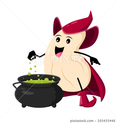 Cartoon cashew nut wizard and sorcerer character. Isolated vector funny enchanter wear Halloween cloak and pointy hat cooking potion in cauldron. Jovial magician personage with enchantment magical pot 103435448