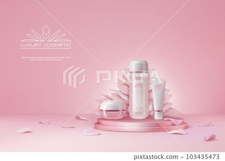 Pink podium with cosmetics and flower petals. Vector realistic cream jar, tube and lotion bottle standing on 3d round podium or display stand. Luxury cosmetics, beauty and skin care products ad mockup Pink podium with cosmetics and flower petals. Vector realistic cream jar, tube and lotion bottle standing on 3d round podium or display stand. Luxury cosmetics, beauty and skin care products ad mockup 103435473
