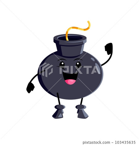 Cartoon bomb character, isolated vector explosive cheering personage with a big smile, fuse or wick and dynamic energy, radiating excitement and enthusiasm, waving hand with excited emotions and fun 103435635