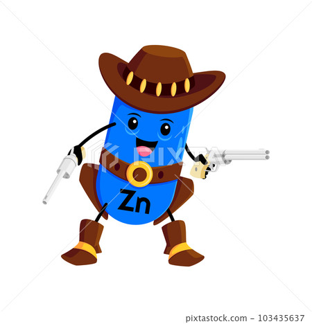 Cartoon Zn micronutrient cowboy, ranger, sheriff and bandit character equipped with guns. Vector western personage capsule reminding the significance of zinc in diet, zincum supplement, fortified food Cartoon Zn micronutrient cowboy, ranger, sheriff and bandit character equipped with guns. Vector western personage capsule reminding the significance of zinc in diet, zincum supplement, fortified food 103435637