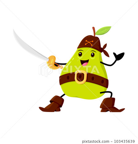 Cartoon green pear pirate and corsair character fight with cutlass. Isolated vector juicy happy smiling sailor buccaneer wear bandana and boots. Freebooter or picaroon personage for kids menu 103435639