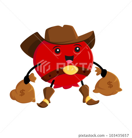 Cartoon cranberry cowboy character. Vector berry ranger, mooseberry wild west robber bandit in hat with money sacks in hands. Funny garden plant western personage, healthy happy vitamin food horseman Cartoon cranberry cowboy character. Vector berry ranger, mooseberry wild west robber bandit in hat with money sacks in hands. Funny garden plant western personage, healthy happy vitamin food horseman 103435657
