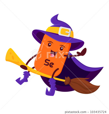 Cartoon happy Se micronutrient mineral mage character. Isolated vector selenium wizard warlock nutrient capsule personage wear purple witch hat and cloak riding broomstic. Funny magical supplement wiz 103435724