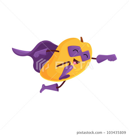 Cartoon mango fruit superhero character, vector super hero personage in cape and mask flying with raised arm. Funny cheerful fairytale healthy food, brave tropical mango ready for adventure feat Cartoon mango fruit superhero character, vector super hero personage in cape and mask flying with raised arm. Funny cheerful fairytale healthy food, brave tropical mango ready for adventure feat 103435809