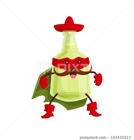 Cartoon mezcal or tequila superhero defender. Mexican super hero character, isolated vector bottle in traditional sombrero hat, cape, boots, gloves and mask. Funny alcohol drink comics book personage 103435813
