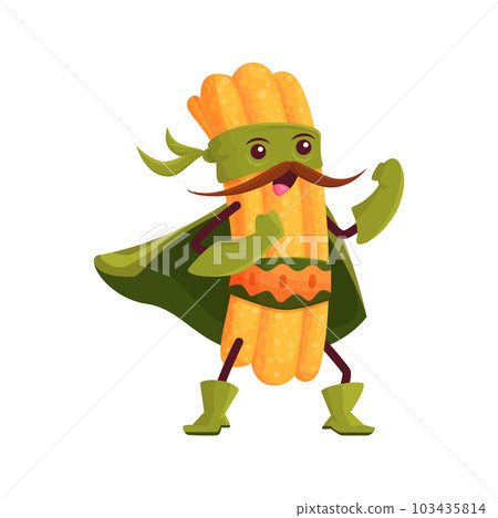 Cartoon mexican churros superhero character. Vector funny latin tex mex pastry defender in cape and mask, funny personage for kids menu. Super hero sweet food in cloak, cheerful fairytale 103435814