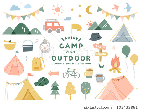 Camping/outdoor illustration set tent leisure campsite simple nature travel vacation mountain 103435861