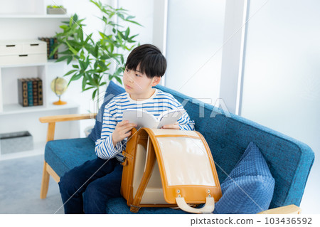 Elementary school boy in the living room Elementary school boy in the living room 103436592