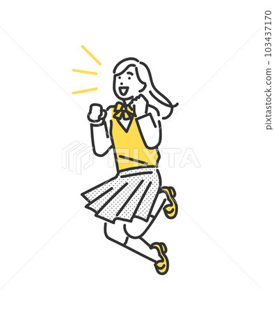 Image illustration material of a female student jumping while doing a guts pose with a positive expression 103437170