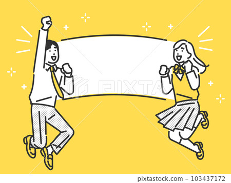 Image illustration material of male and female students jumping while doing a guts pose with a positive expression Image illustration material of male and female students jumping while doing a guts pose with a positive expression 103437172