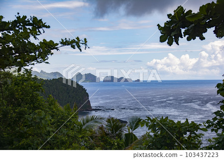 美屬薩摩亞海和樹木,遠處的 Vai'ava 海峽島嶼 美屬薩摩亞海和樹木,遠處的 Vai'ava 海峽島嶼 103437223