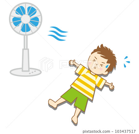 A boy lying sprawled in front of an electric fan and cooling off 103437517
