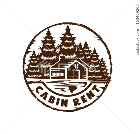 Vintage Retro Circular Pine Trees Forest with Rent Cabin Chalet Logo Design Vector 103439209