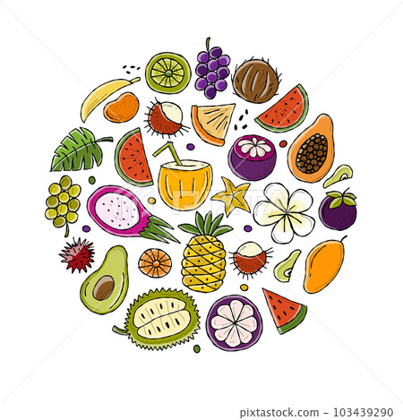 Tropical fruits collection. Circle shape background for your design. 103439290