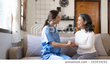 Nurse, hands and senior patient in empathy, safety and support of help, trust and healthcare consulting. Nursing home, counseling and gratitude for medical caregiver, client and hope in consultation Nurse, hands and senior patient in empathy, safety and support of help, trust and healthcare consulting. Nursing home, counseling and gratitude for medical caregiver, client and hope in consultation 103439291