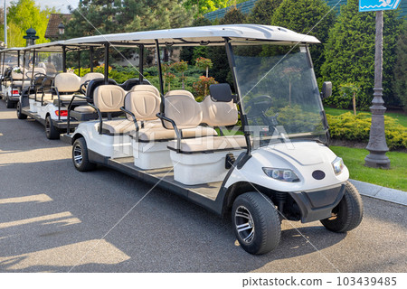 Golf cars parked at the edge of the lawn in the rays of the setting sun. 103439485