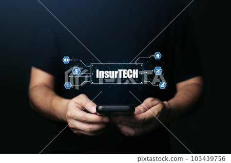 Insurance technology (Insurtech) concept, Hand of business man looking data information on smartphone. 103439756